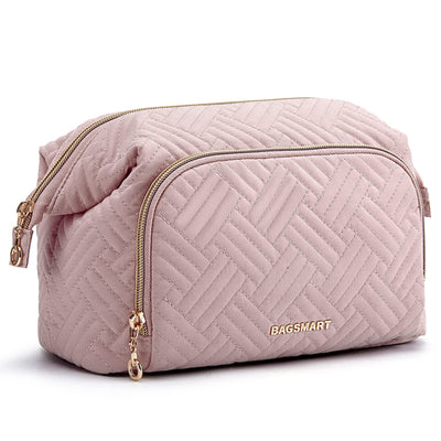 Large Capacity Makeup Bag Cosmetic Pouch, Wide-Open Travel Toiletry Bag Organizer Case for Lipsticks Electonic Accessories, Waterproof Portable, Multifunction, Pink